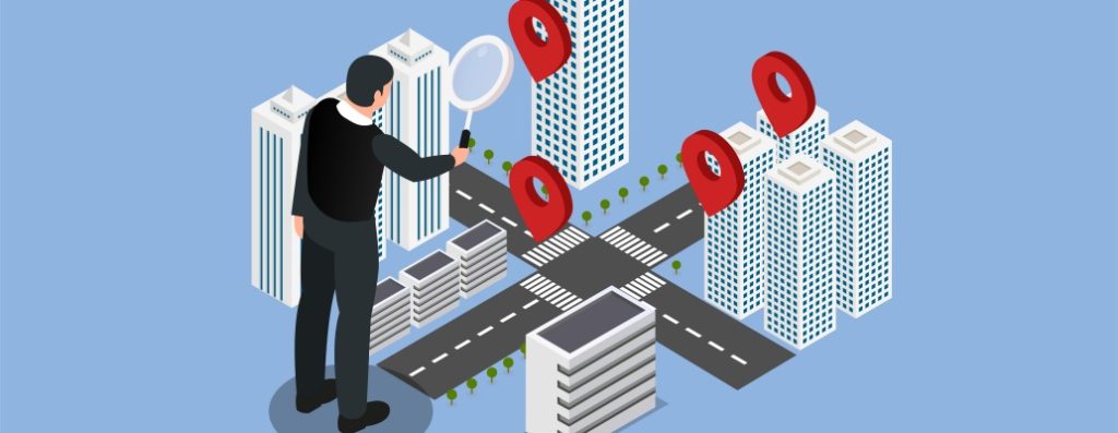 Ilustração isométrica de um empresário analisando um mapa urbano com pins vermelhos de localização e uma lupa, representando a escolha estratégica de endereço comercial em São Paulo.