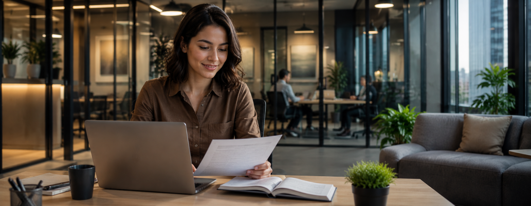 mbiente de coworking moderno e sofisticado, com uma profissional analisando documentos em sua estação de trabalho - abrir-cnpj-em-coworking